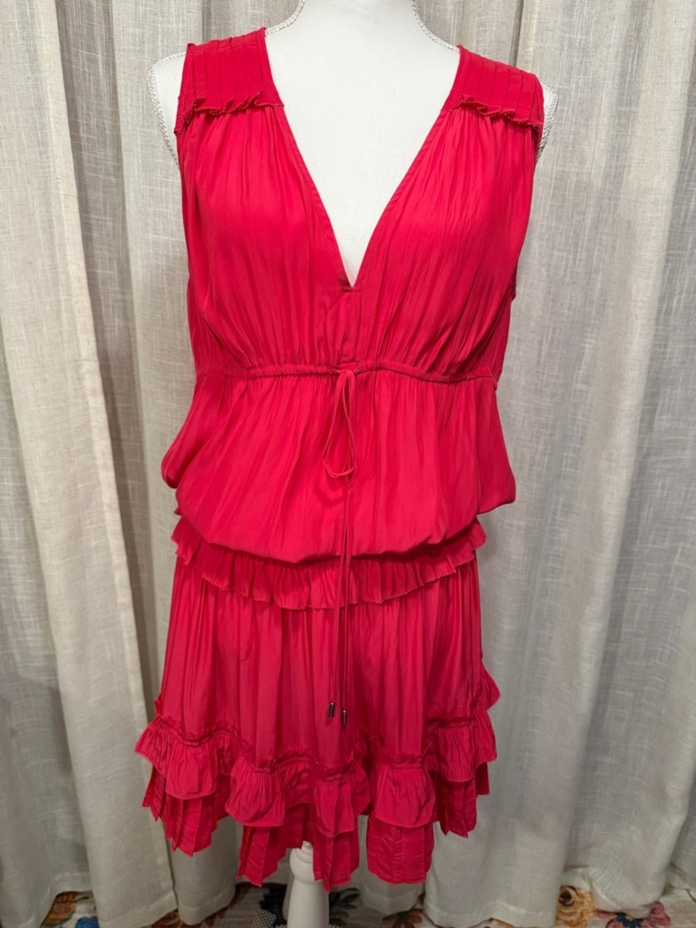 Ramy Brook New York Silk-Feel Ruffle Mini Dress | Bright Coral Pink | Size M-L